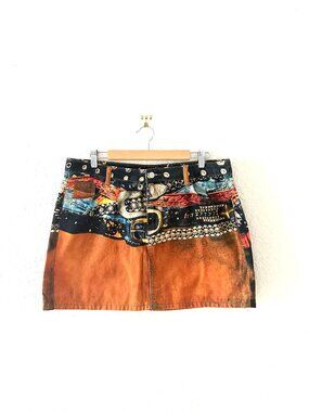 MICAS Stacked Belt Print Denim Mini Skirt